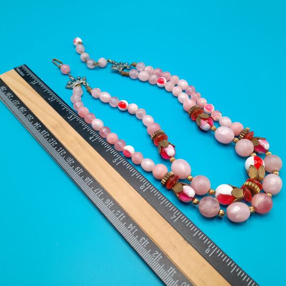 Vintage Pink Lucite Bead Necklace, Two Strands, Mid-Century, 17 1/2" - Picture 10 of 11